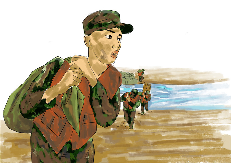 抗洪情況嚴(yán)峻，為運(yùn)沙袋，子弟兵們渾身是泥，里外濕透、抗洪搶險(xiǎn)。.jpg
